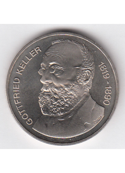 Svizzera. 5 FRANCHI Commemorativi 1990 Gottfried Keller Rame-nickel 